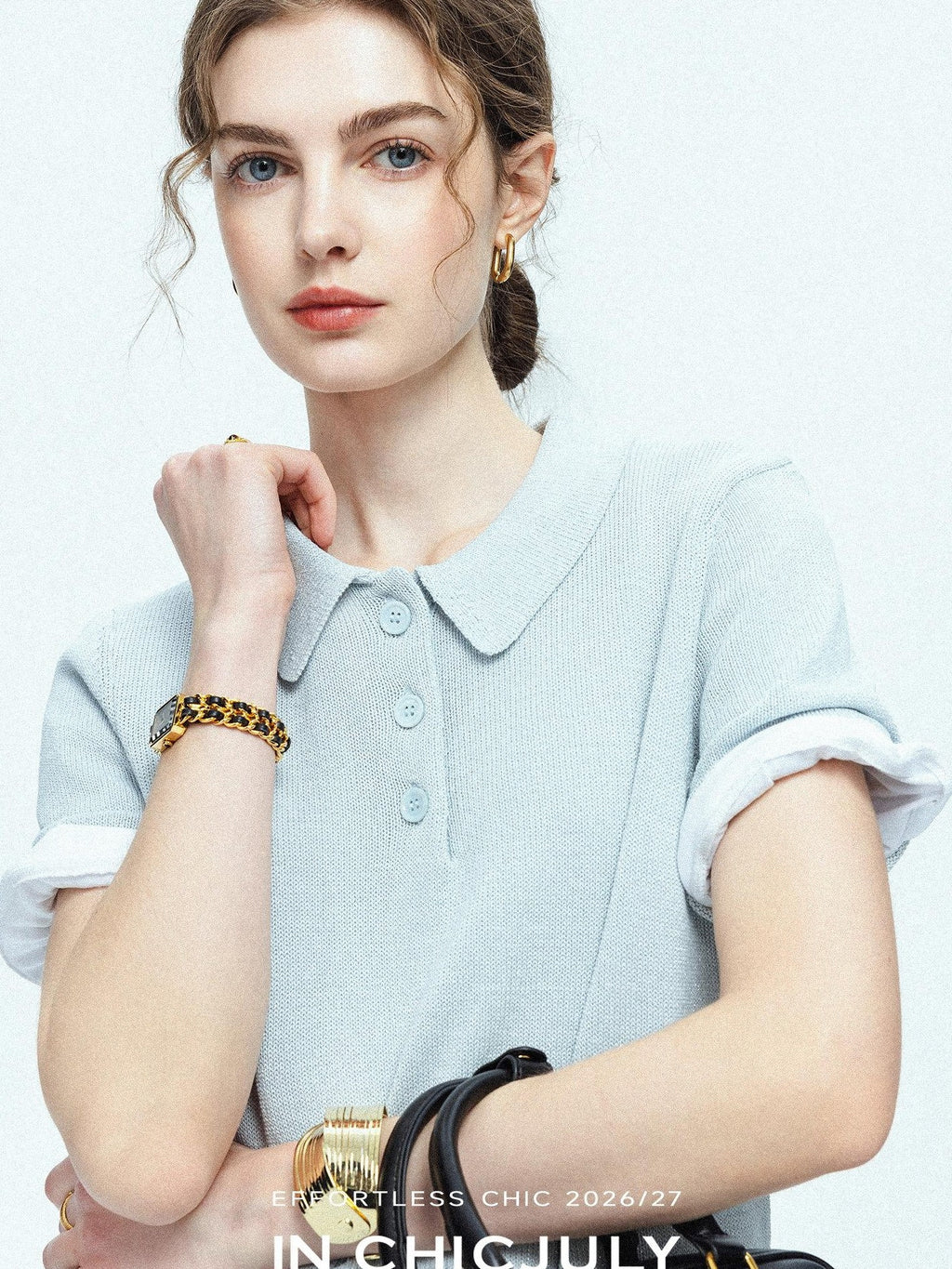chicjuly Mist Blue Shimmer Polo Collar Knit Women's Breathable Short Sleeve T-shirts