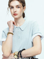 chicjuly Mist Blue Shimmer Polo Collar Knit Women's Breathable Short Sleeve T-shirts