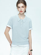 chicjuly Mist Blue Shimmer Polo Collar Knit Women's Breathable Short Sleeve T-shirts