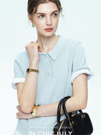 chicjuly Mist Blue Shimmer Polo Collar Knit Women's Breathable Short Sleeve T-shirts