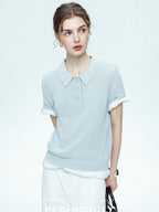 chicjuly Mist Blue Shimmer Polo Collar Knit Women's Breathable Short Sleeve T-shirts