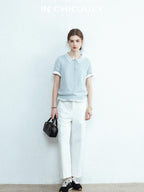chicjuly Mist Blue Shimmer Polo Collar Knit Women's Breathable Short Sleeve T-shirts
