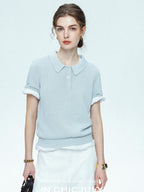 chicjuly Mist Blue Shimmer Polo Collar Knit Women's Breathable Short Sleeve T-shirts