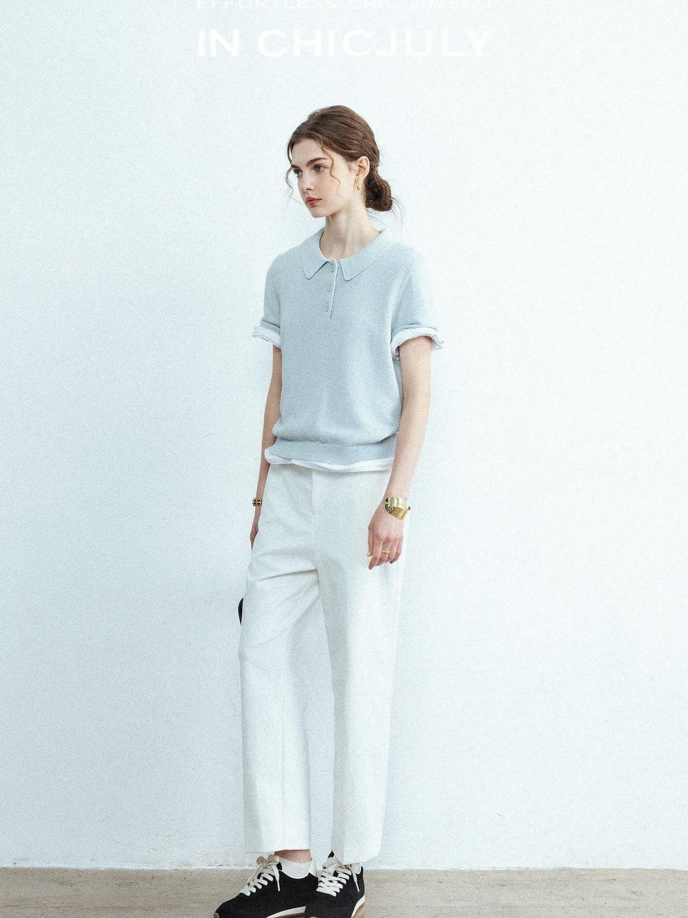 chicjuly Mist Blue Shimmer Polo Collar Knit Women's Breathable Short Sleeve T-shirts