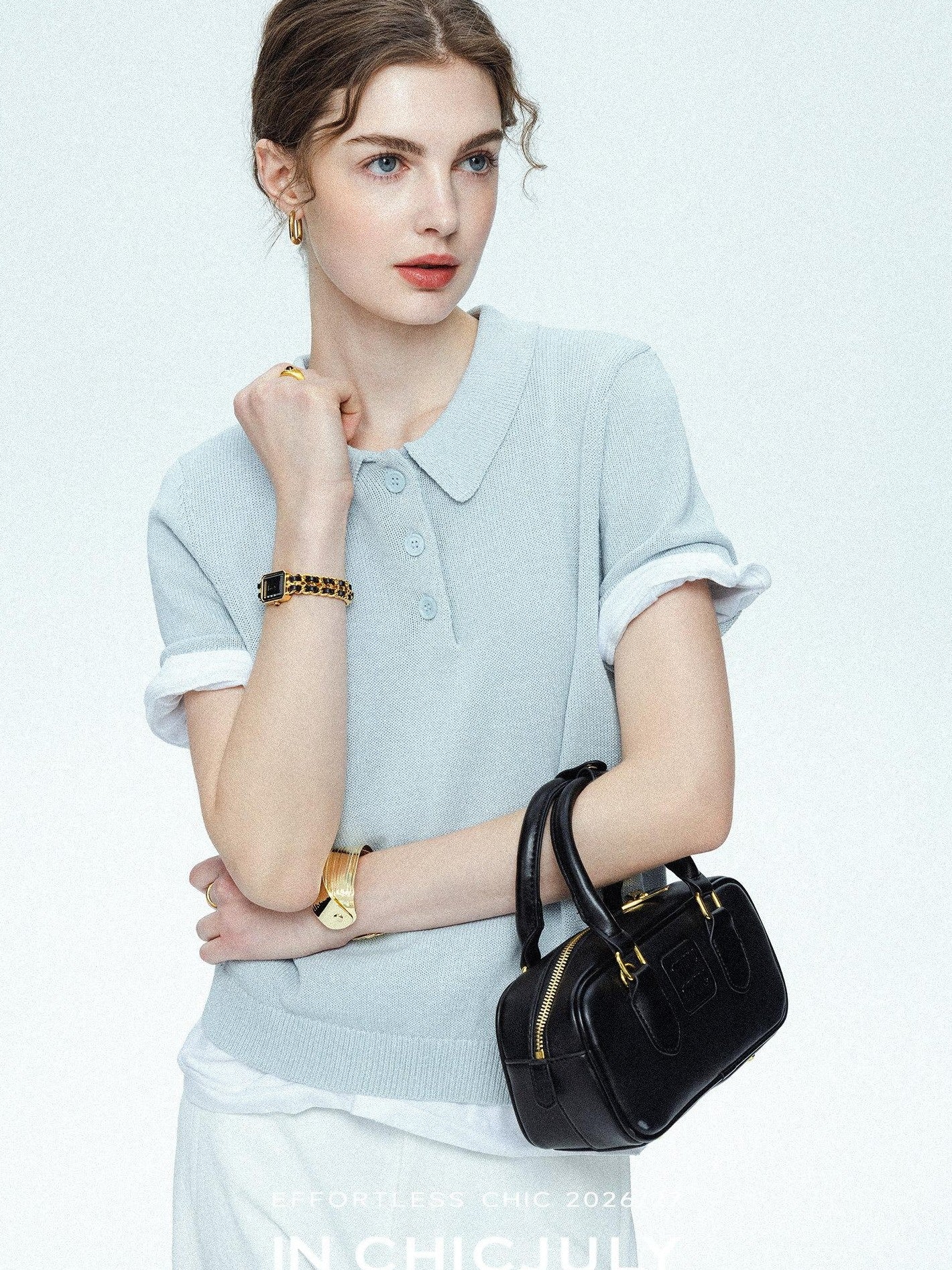 chicjuly Mist Blue Shimmer Polo Collar Knit Women's Breathable Short Sleeve T-shirts