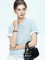 chicjuly Mist Blue Shimmer Polo Collar Knit Women's Breathable Short Sleeve T-shirts