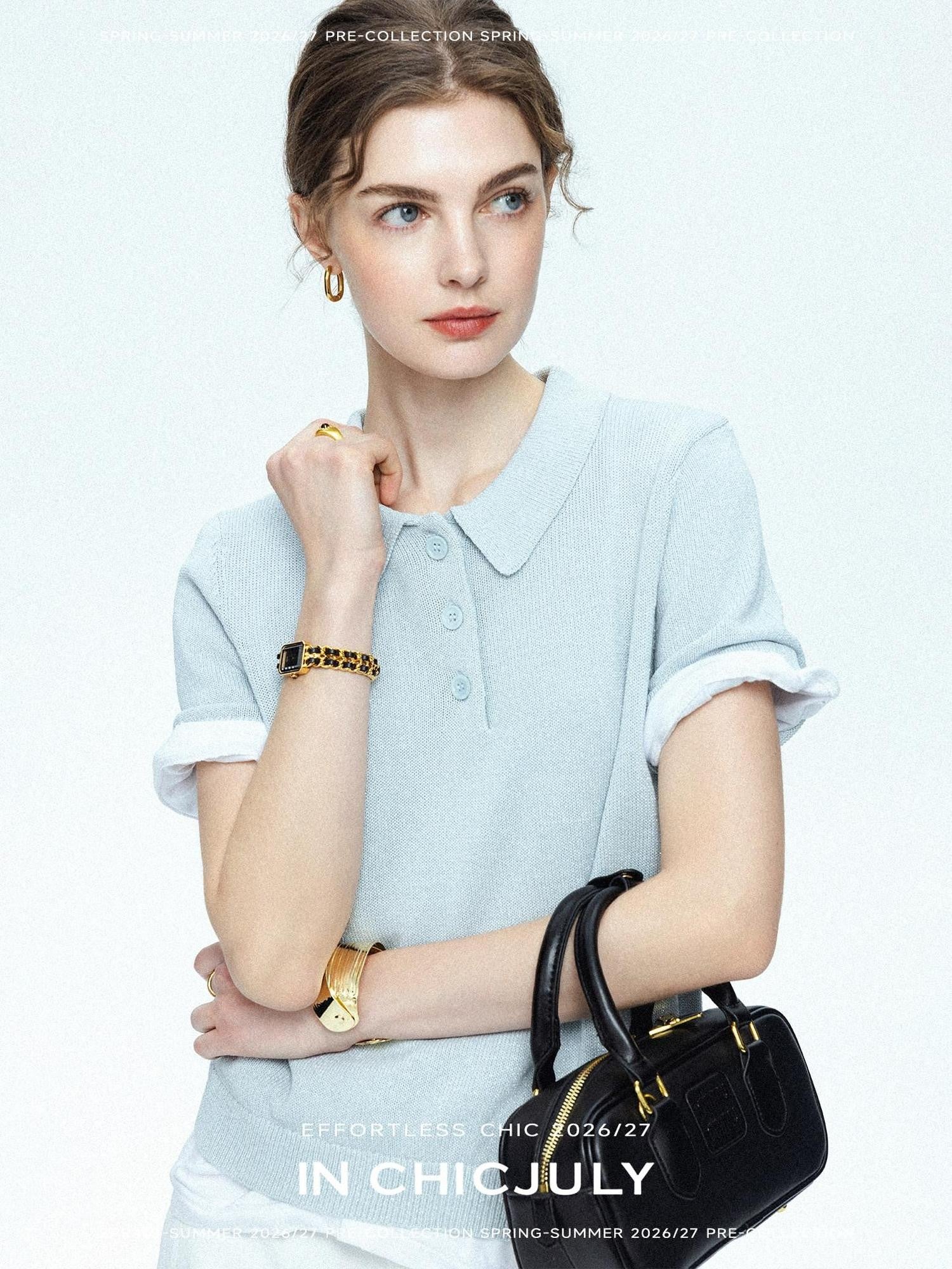 chicjuly Mist Blue Shimmer Polo Collar Knit Women's Breathable Short Sleeve T-shirts