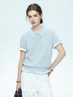 chicjuly Mist Blue Shimmer Polo Collar Knit Women's Breathable Short Sleeve T-shirts