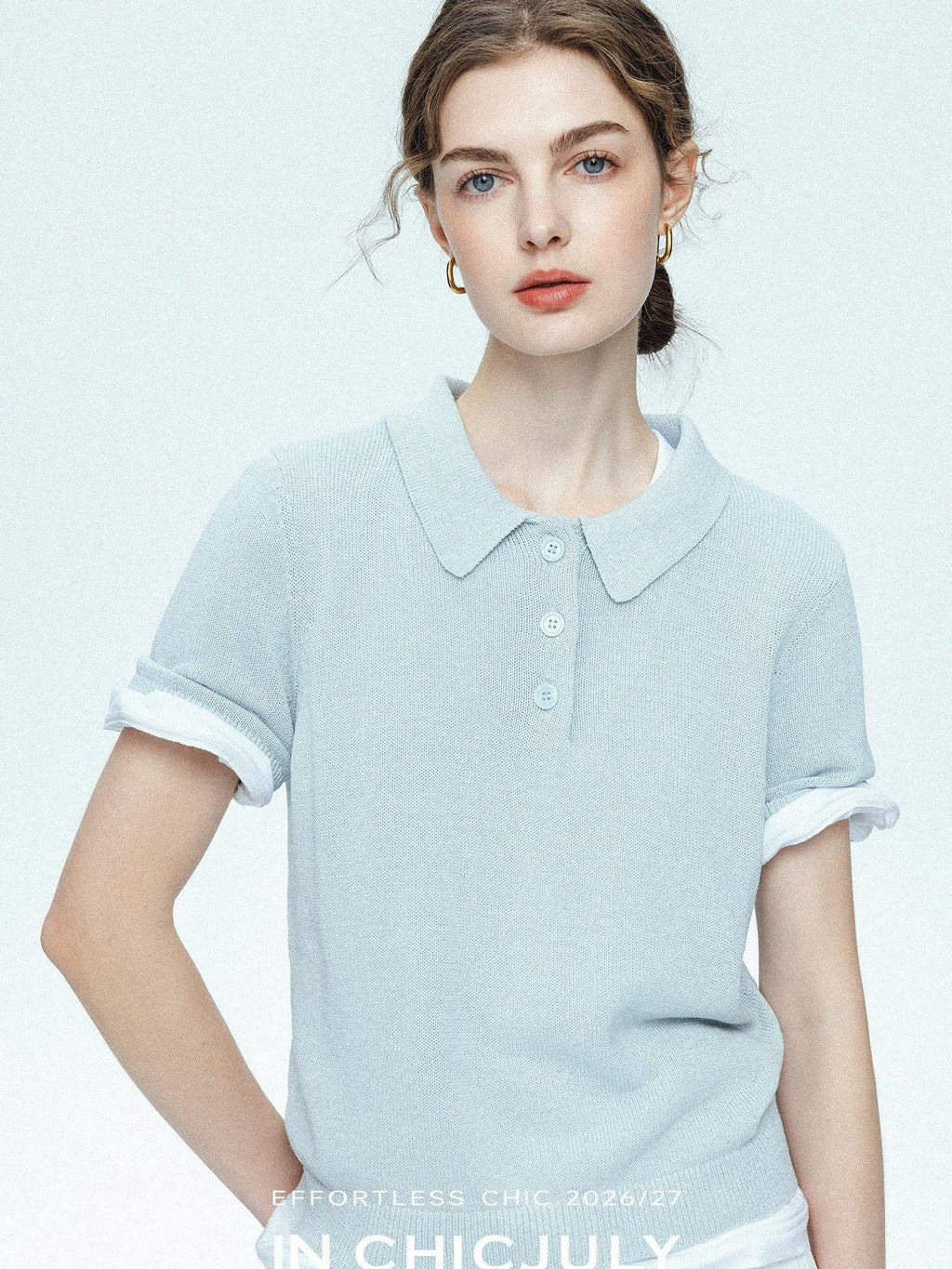 chicjuly Mist Blue Shimmer Polo Collar Knit Women's Breathable Short Sleeve T-shirts