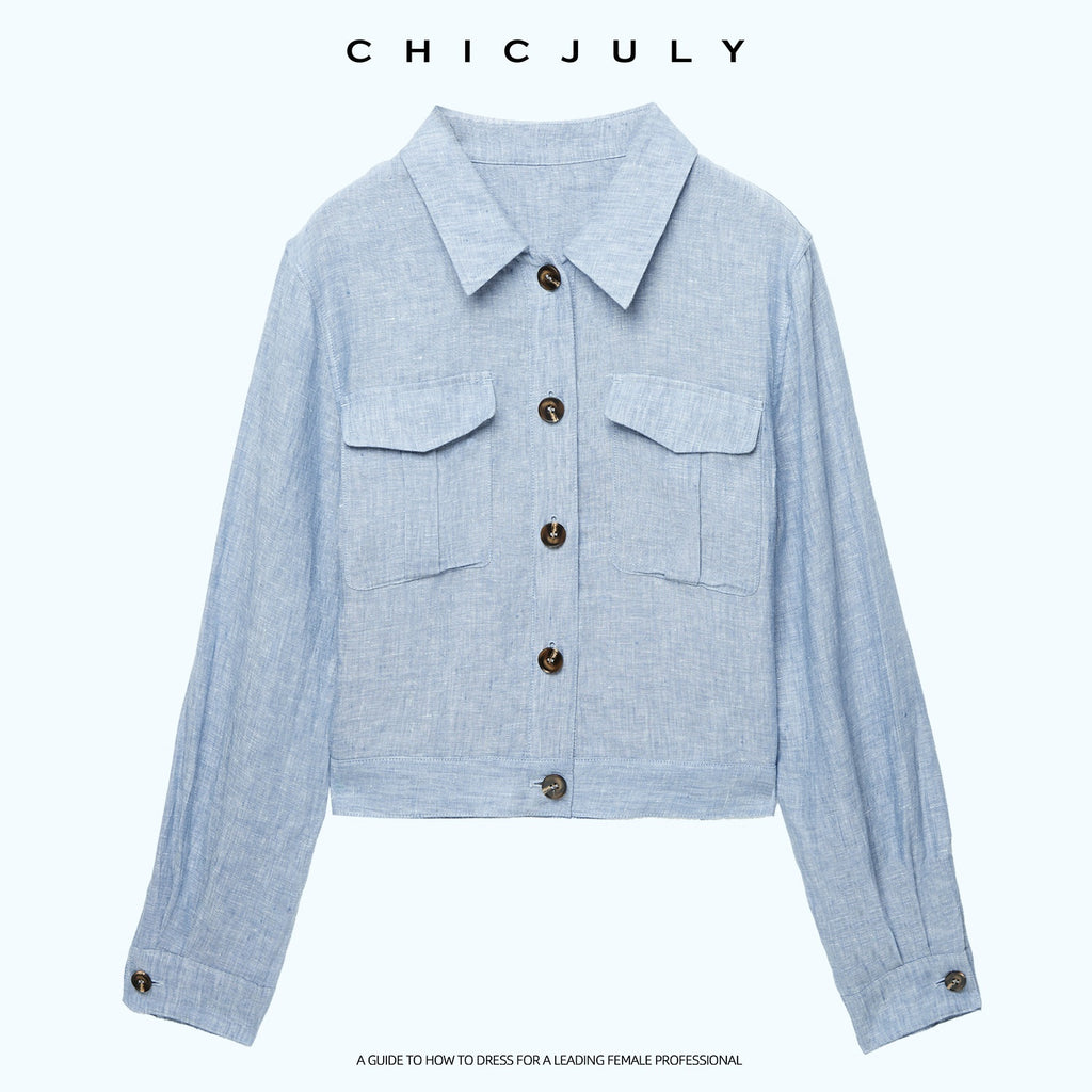 chicjuly Mist Blue Vintage Short Small Silhouette Women's Linen Utility Jackets 1055740858991