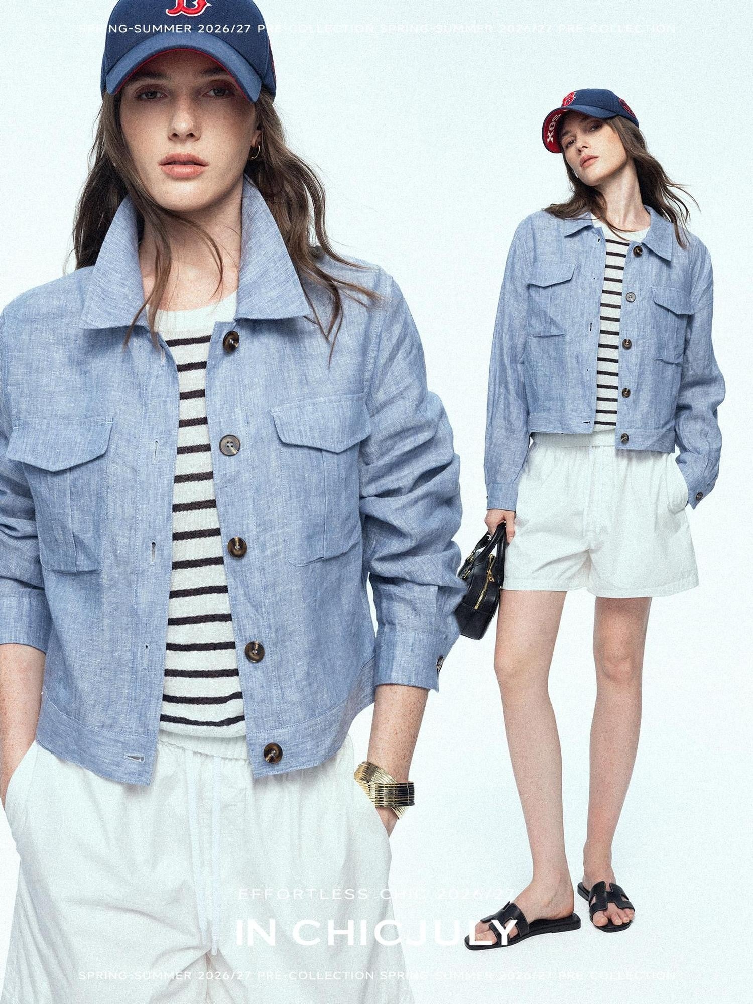 chicjuly Mist Blue Vintage Short Small Silhouette Women's Linen Utility Jackets