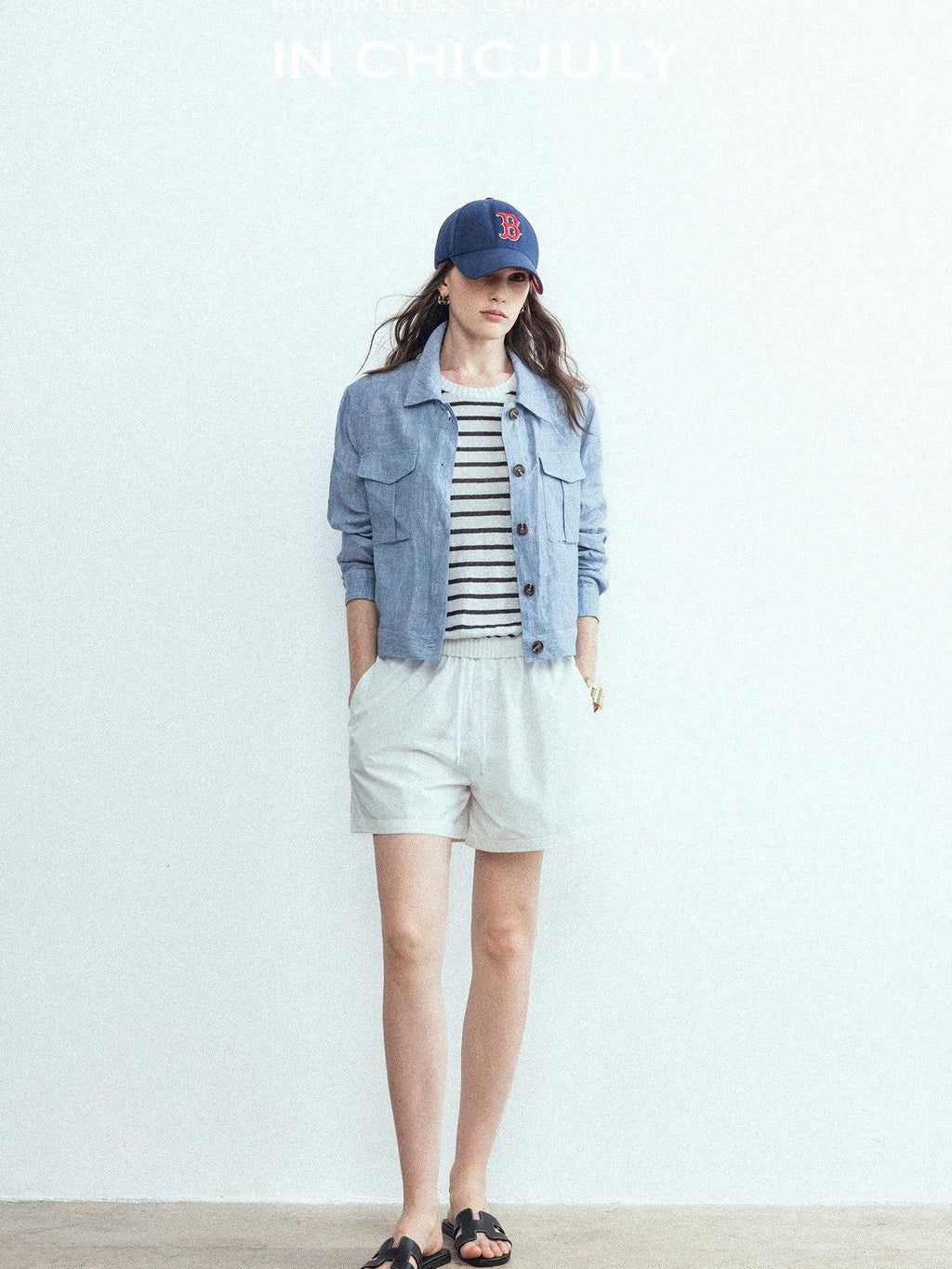 chicjuly Mist Blue Vintage Short Small Silhouette Women's Linen Utility Jackets