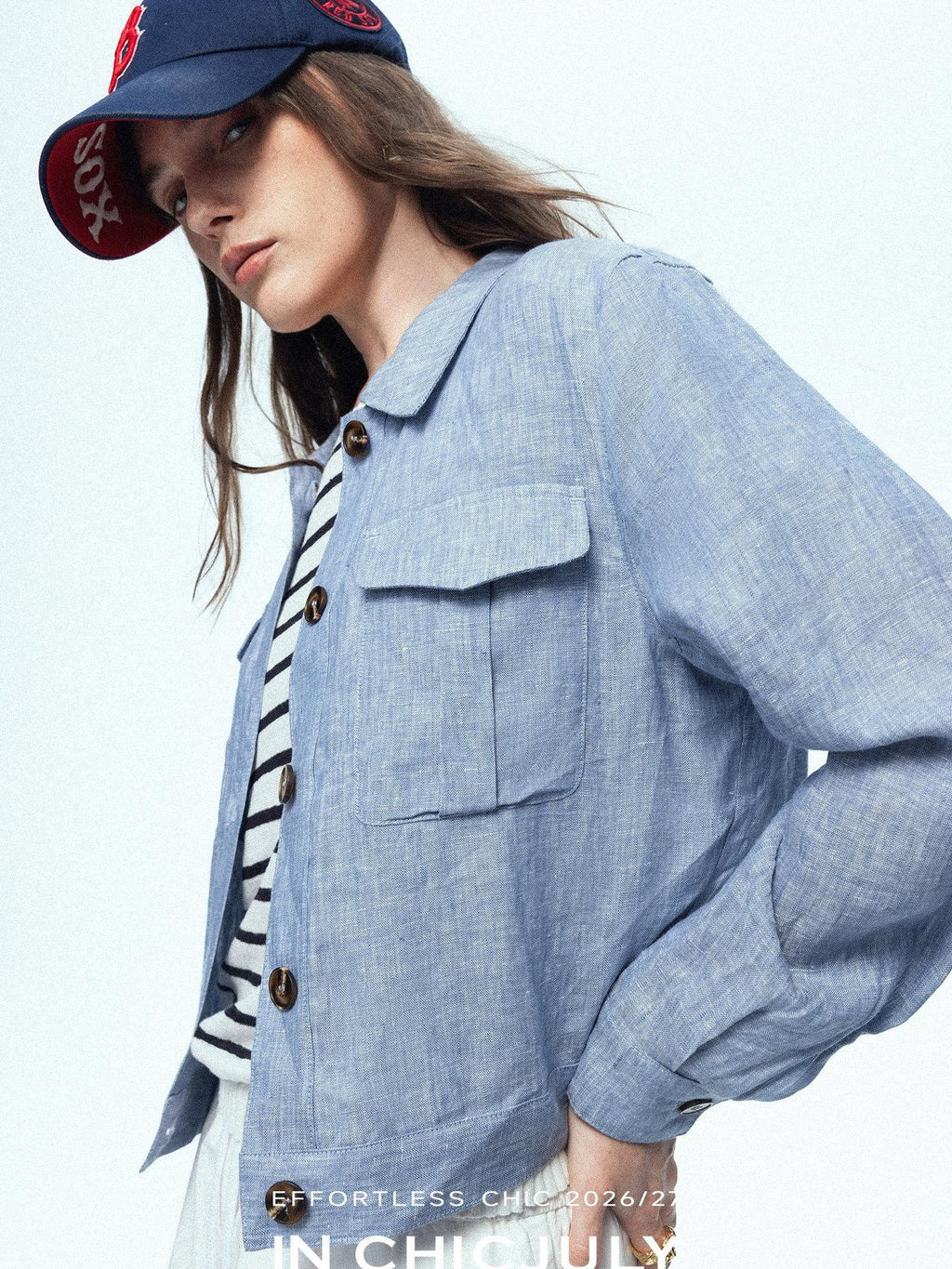 chicjuly Mist Blue Vintage Short Small Silhouette Women's Linen Utility Jackets