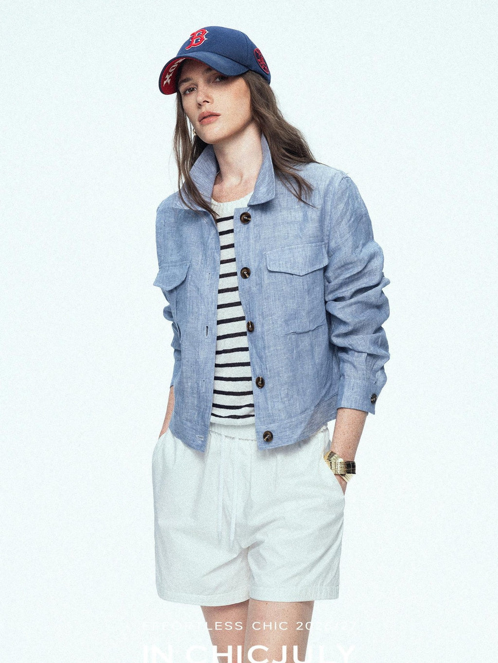 chicjuly Mist Blue Vintage Short Small Silhouette Women's Linen Utility Jackets