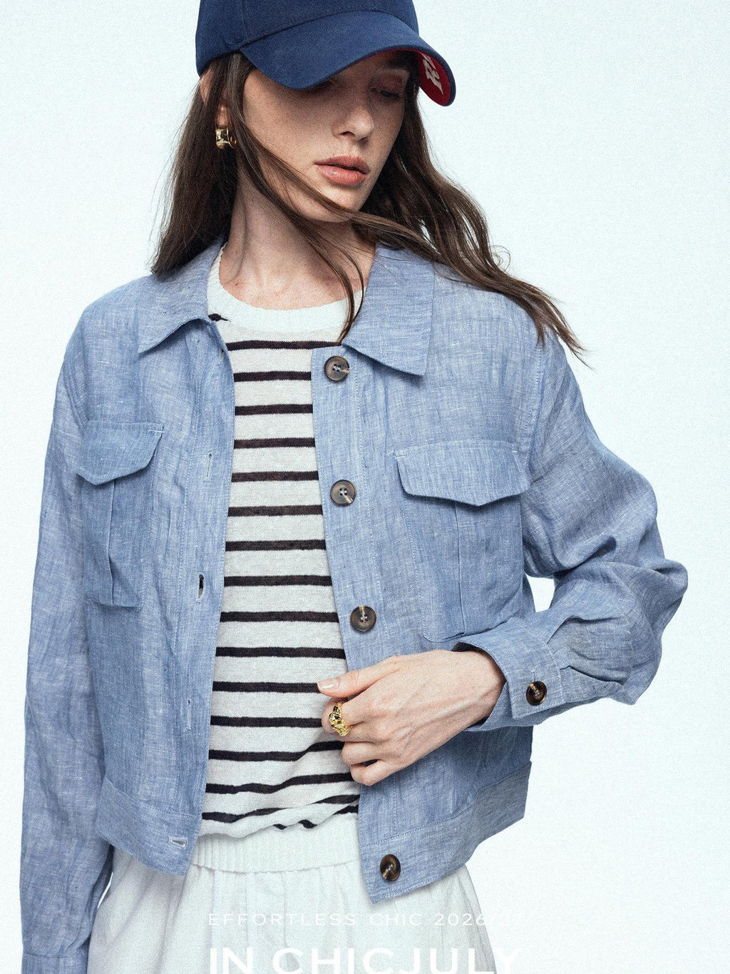 chicjuly Mist Blue Vintage Short Small Silhouette Women's Linen Utility Jackets