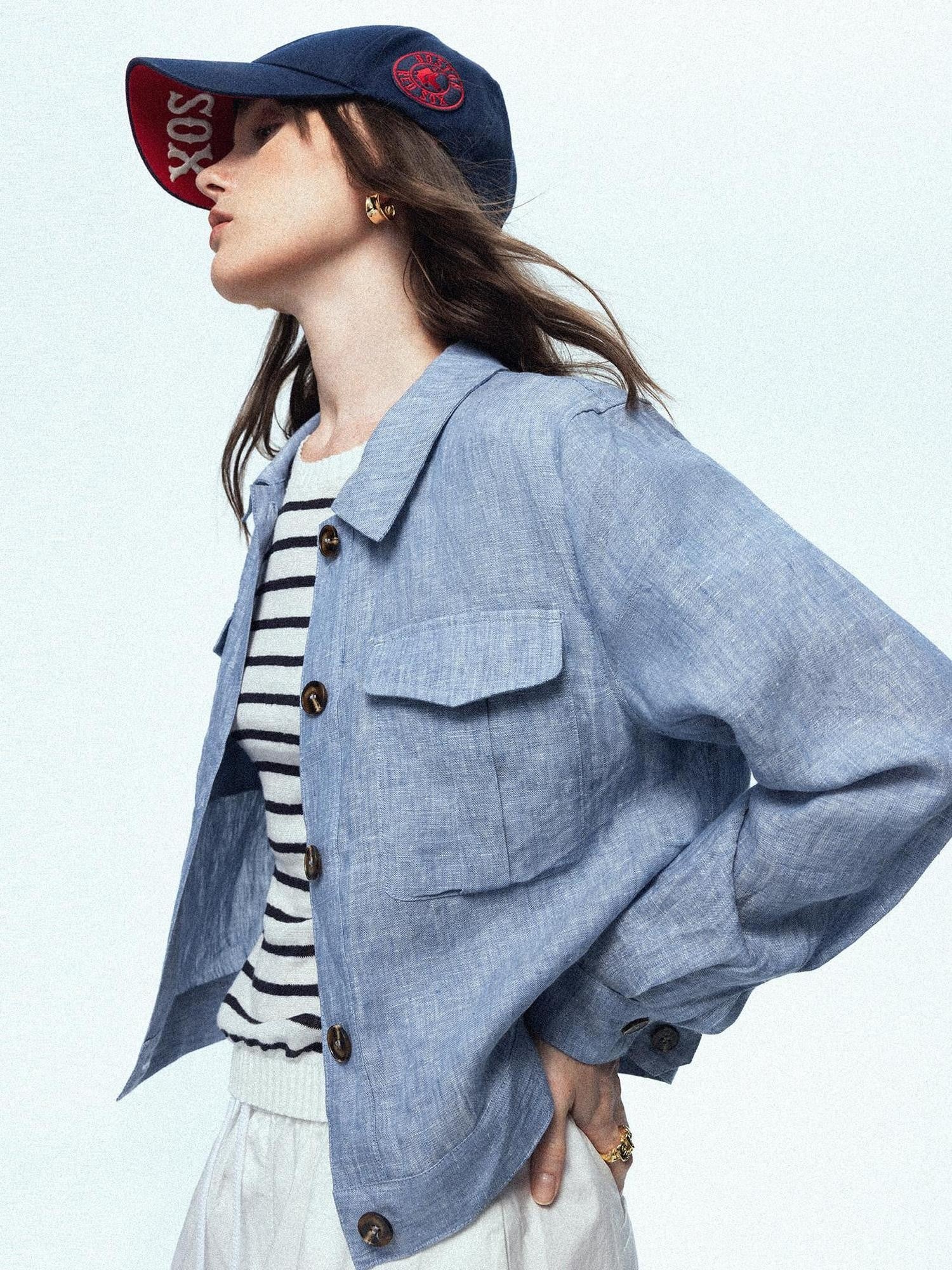 chicjuly Mist Blue Vintage Short Small Silhouette Women's Linen Utility Jackets