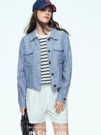 chicjuly Mist Blue Vintage Short Small Silhouette Women's Linen Utility Jackets