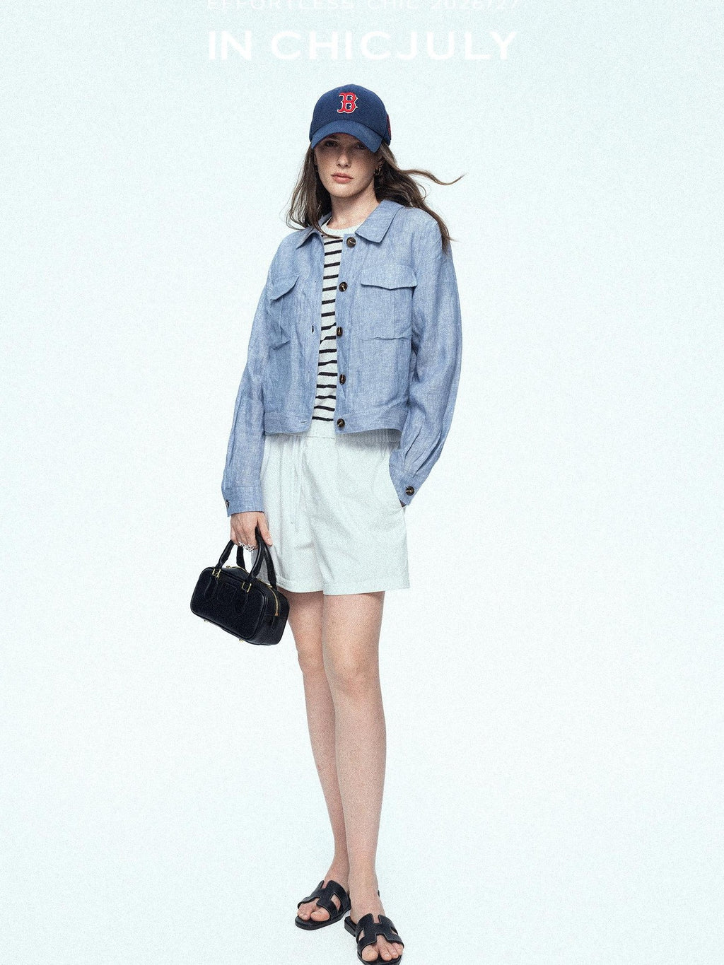 chicjuly Mist Blue Vintage Short Small Silhouette Women's Linen Utility Jackets