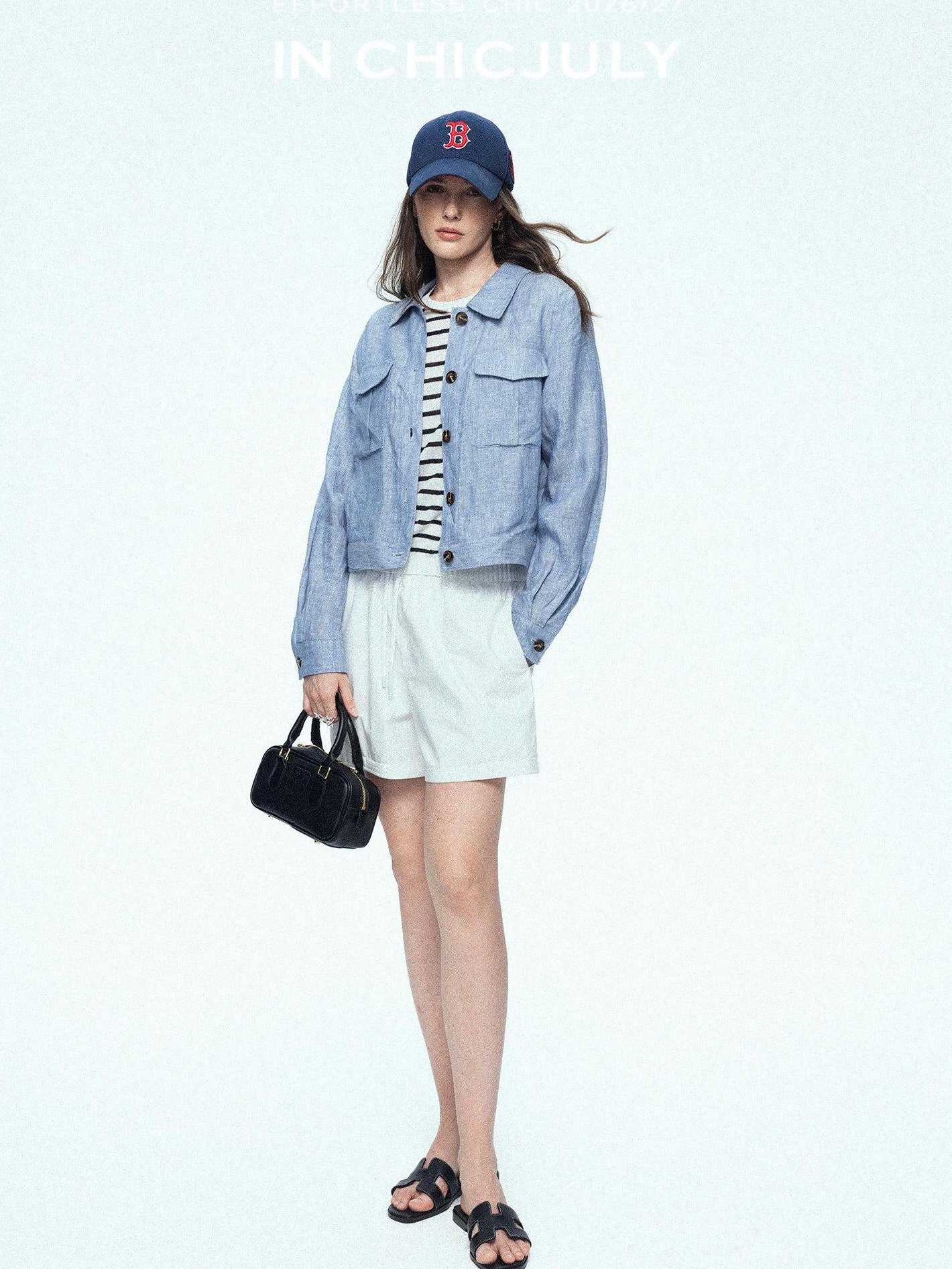 chicjuly Mist Blue Vintage Short Small Silhouette Women's Linen Utility Jackets