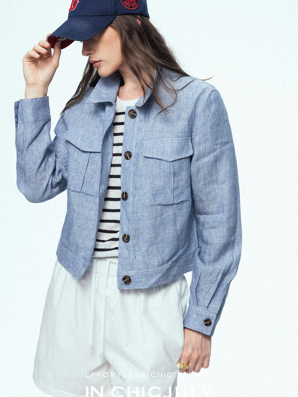 chicjuly Mist Blue Vintage Short Small Silhouette Women's Linen Utility Jackets