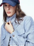chicjuly Mist Blue Vintage Short Small Silhouette Women's Linen Utility Jackets