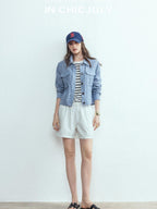 chicjuly Mist Blue Vintage Short Small Silhouette Women's Linen Utility Jackets