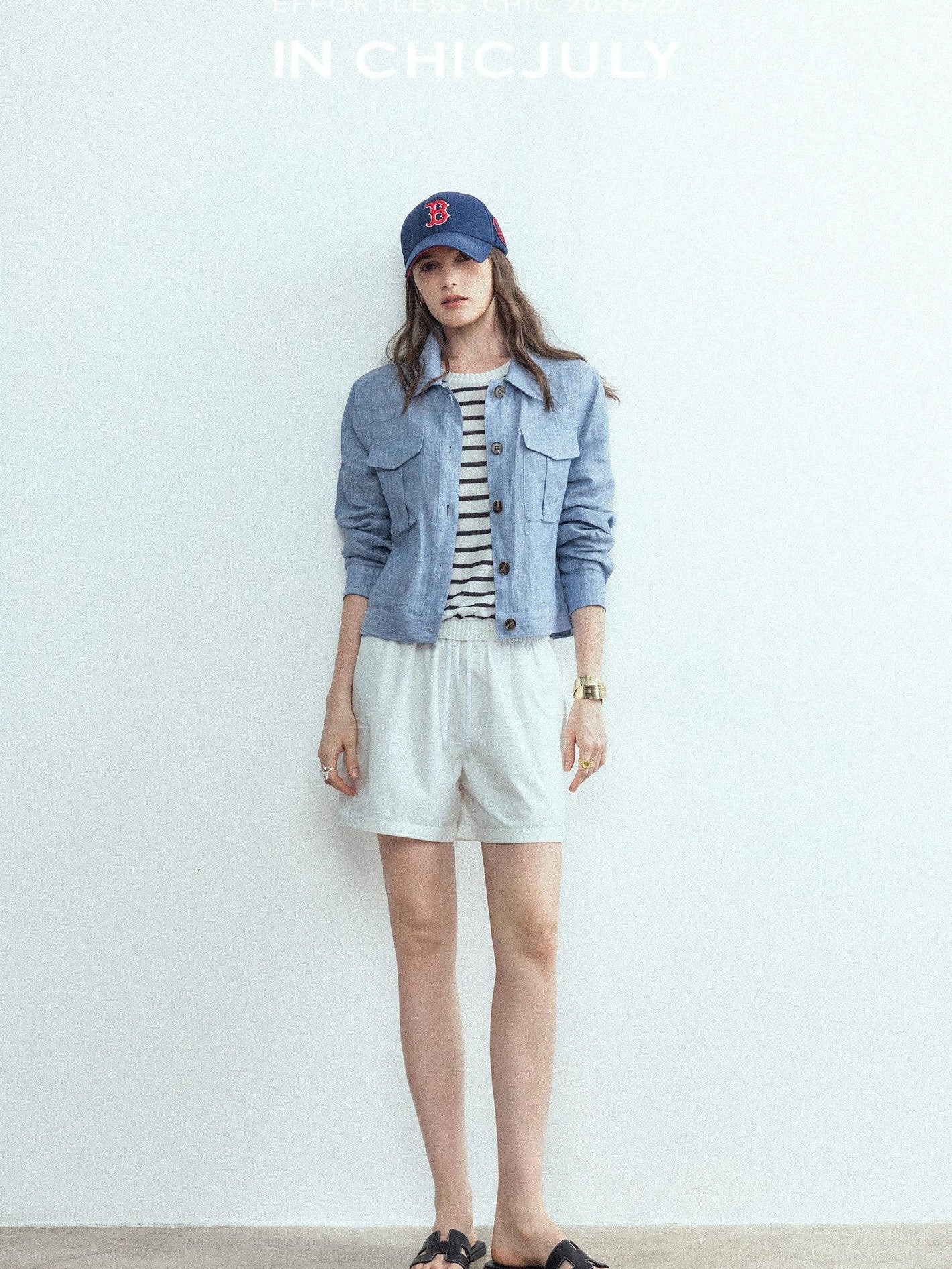 chicjuly Mist Blue Vintage Short Small Silhouette Women's Linen Utility Jackets