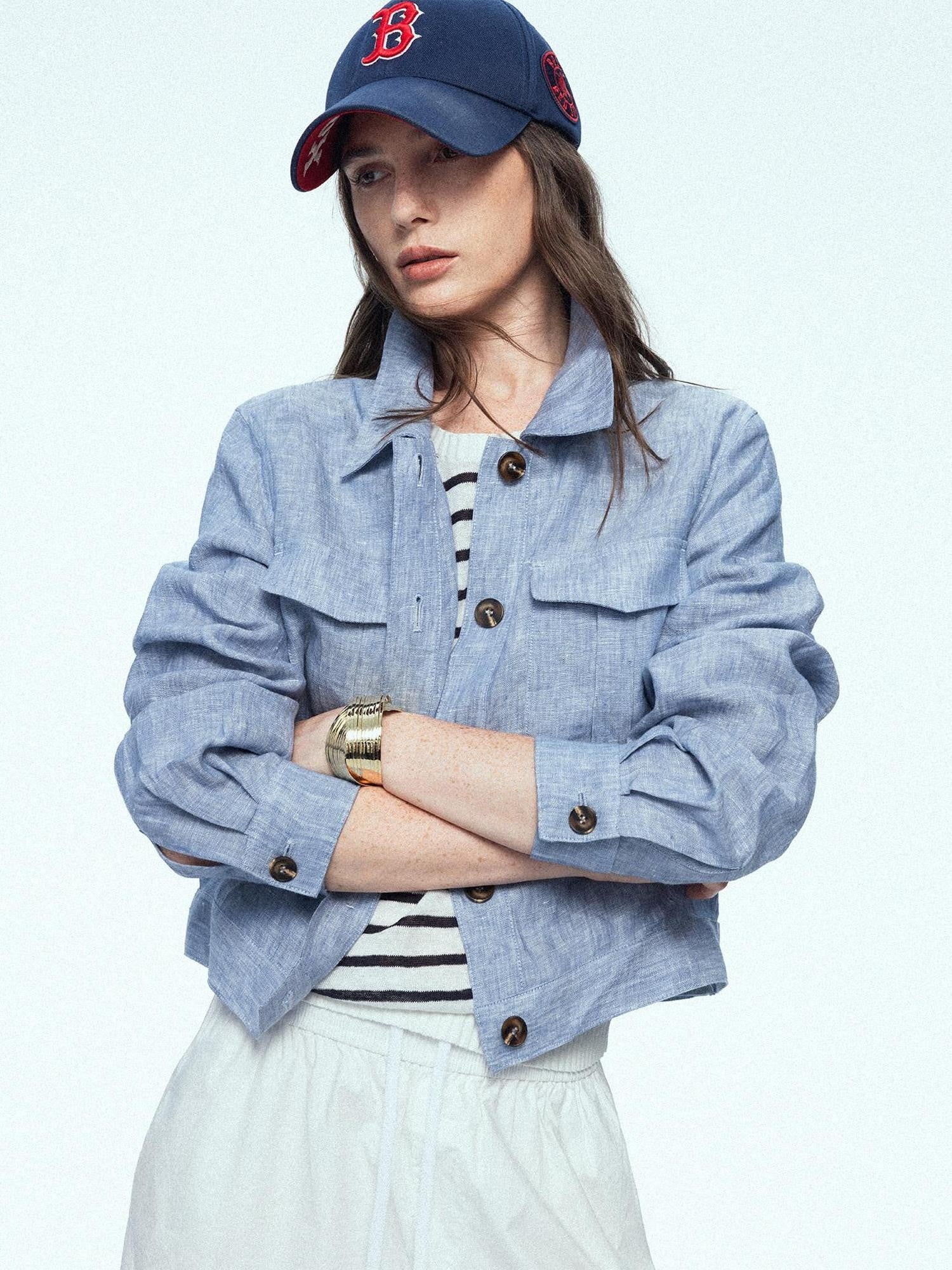 chicjuly Mist Blue Vintage Short Small Silhouette Women's Linen Utility Jackets