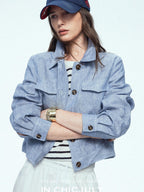 chicjuly Mist Blue Vintage Short Small Silhouette Women's Linen Utility Jackets