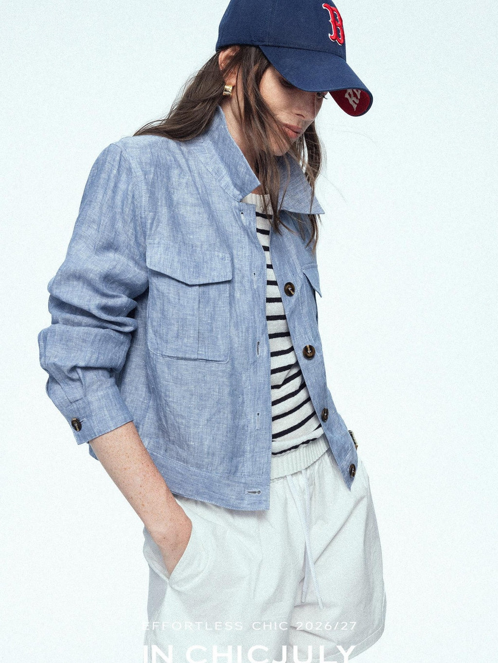 chicjuly Mist Blue Vintage Short Small Silhouette Women's Linen Utility Jackets