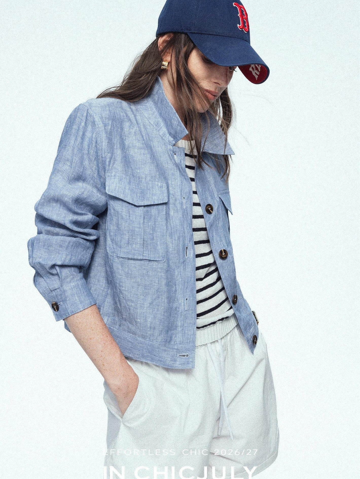 chicjuly Mist Blue Vintage Short Small Silhouette Women's Linen Utility Jackets