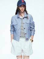 chicjuly Mist Blue Vintage Short Small Silhouette Women's Linen Utility Jackets