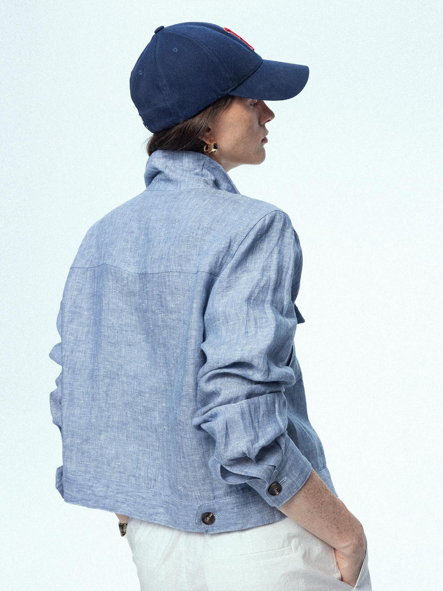 chicjuly Mist Blue Vintage Short Small Silhouette Women's Linen Utility Jackets