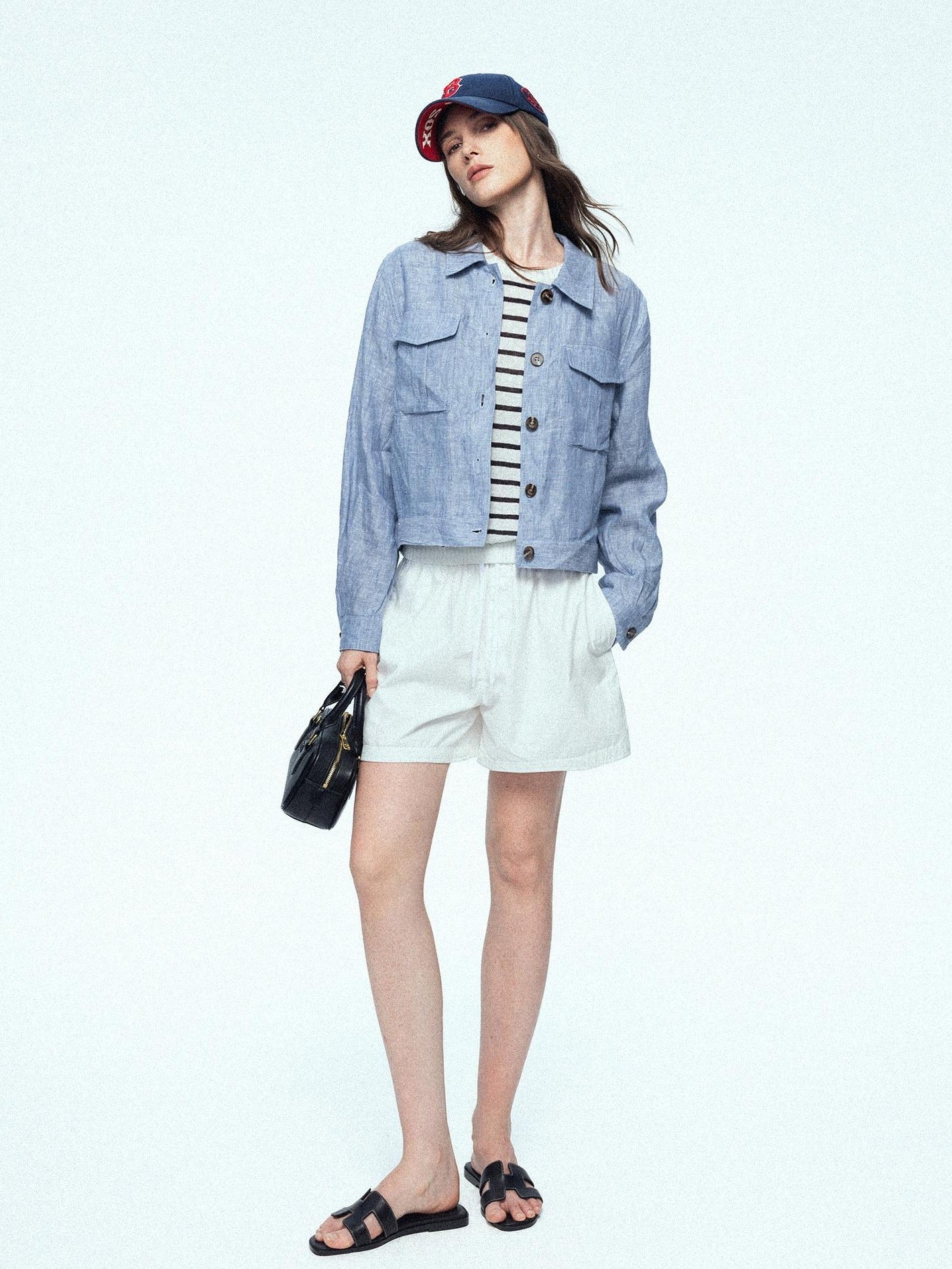 chicjuly Mist Blue Vintage Short Small Silhouette Women's Linen Utility Jackets