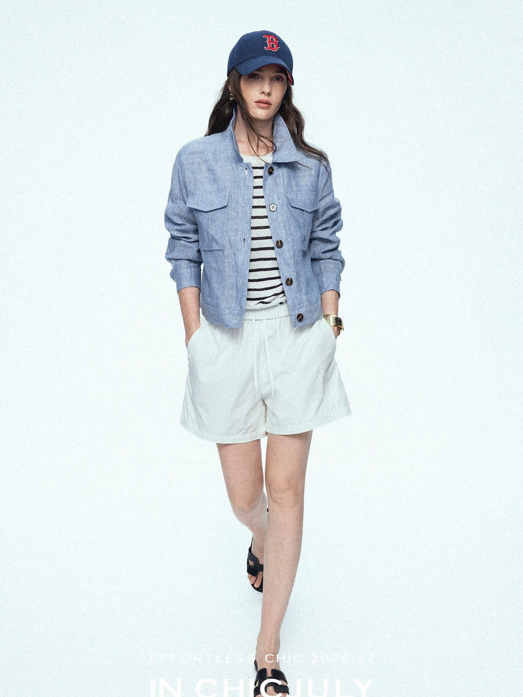 chicjuly Mist Blue Vintage Short Small Silhouette Women's Linen Utility Jackets