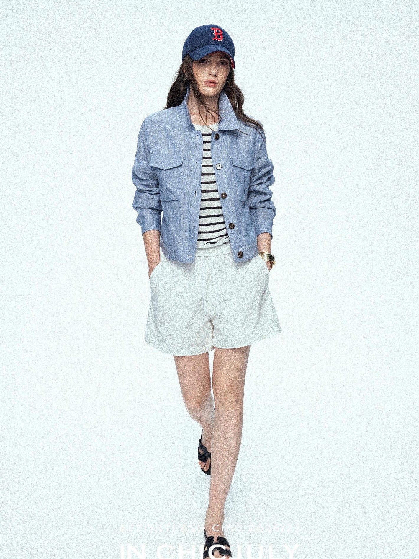 chicjuly Mist Blue Vintage Short Small Silhouette Women's Linen Utility Jackets