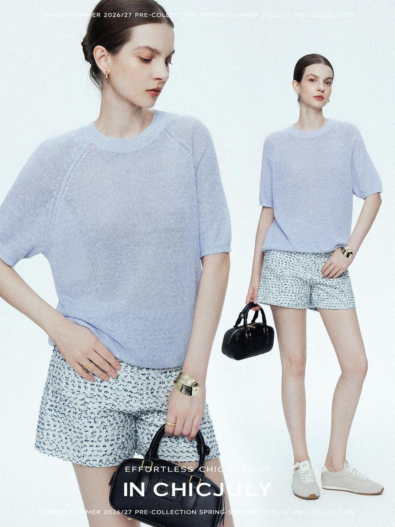 chicjuly Misty Blue Cooling Round Neck Women's Linen Knit Short Sleeve T-shirts
