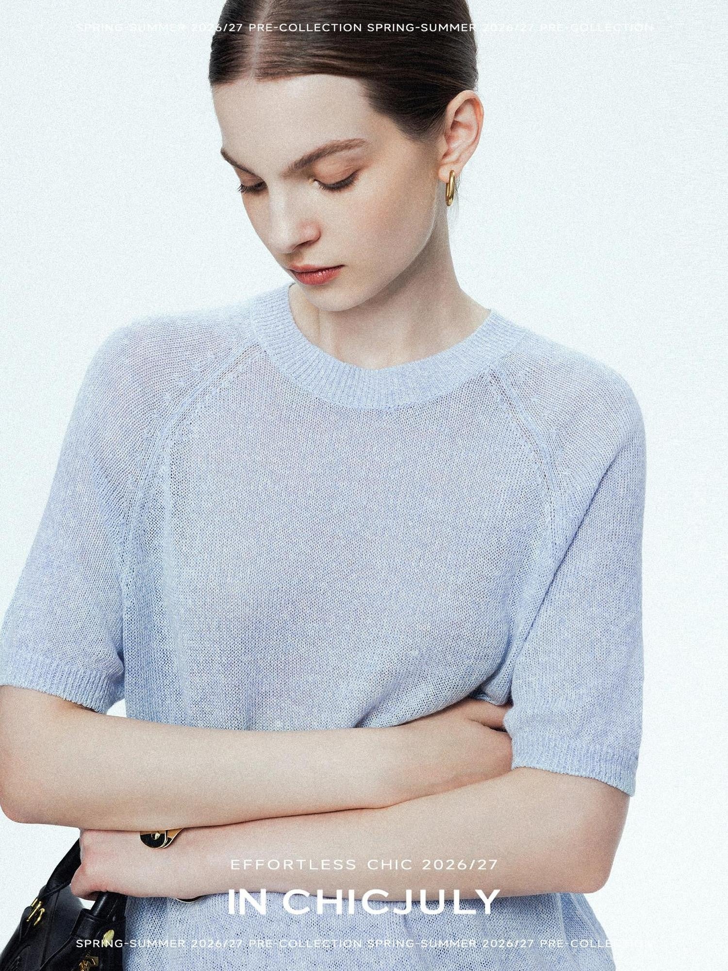 chicjuly Misty Blue Cooling Round Neck Women's Linen Knit Short Sleeve T-shirts