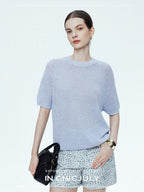 chicjuly Misty Blue Cooling Round Neck Women's Linen Knit Short Sleeve T-shirts