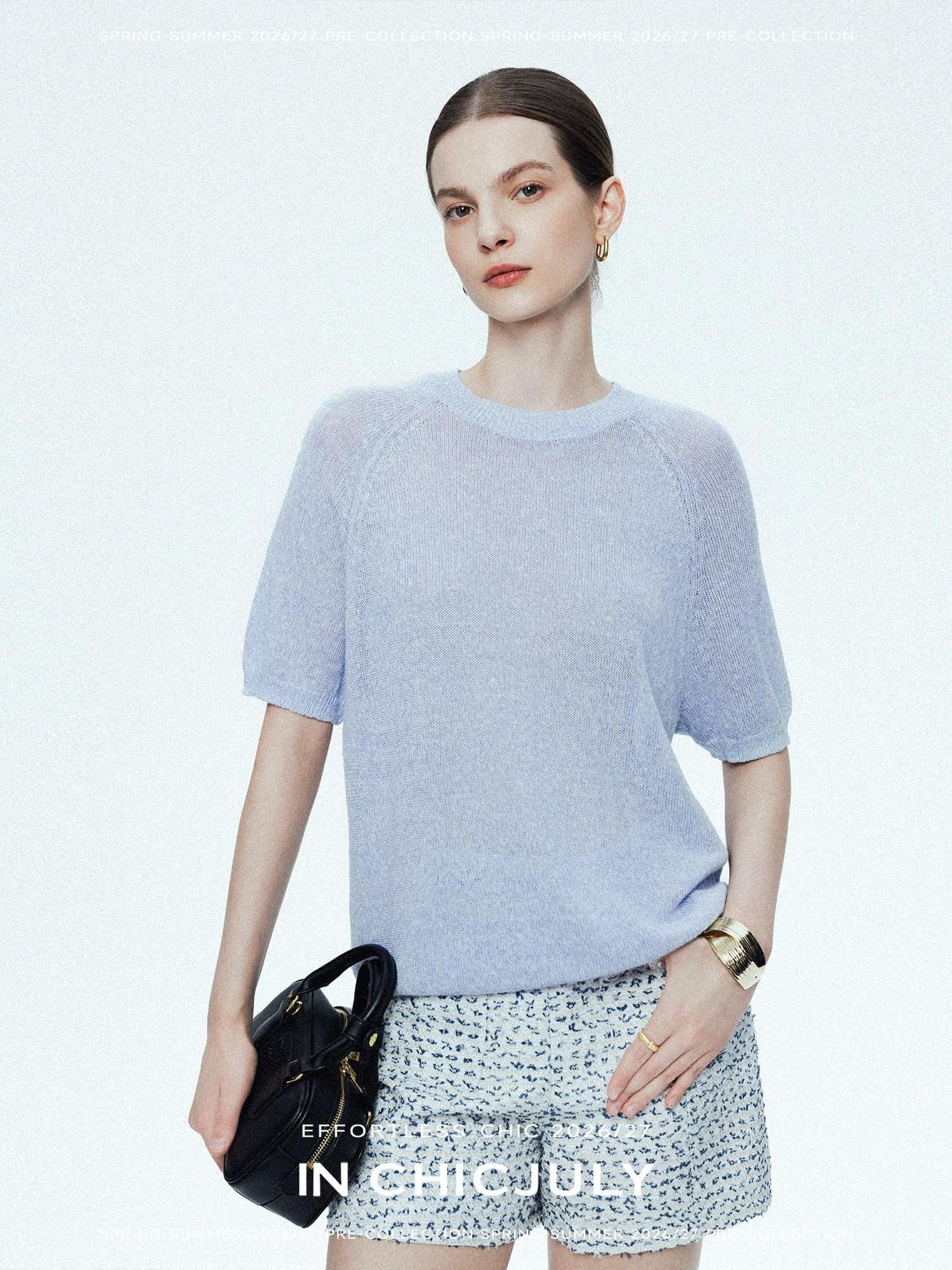 chicjuly Misty Blue Cooling Round Neck Women's Linen Knit Short Sleeve T-shirts