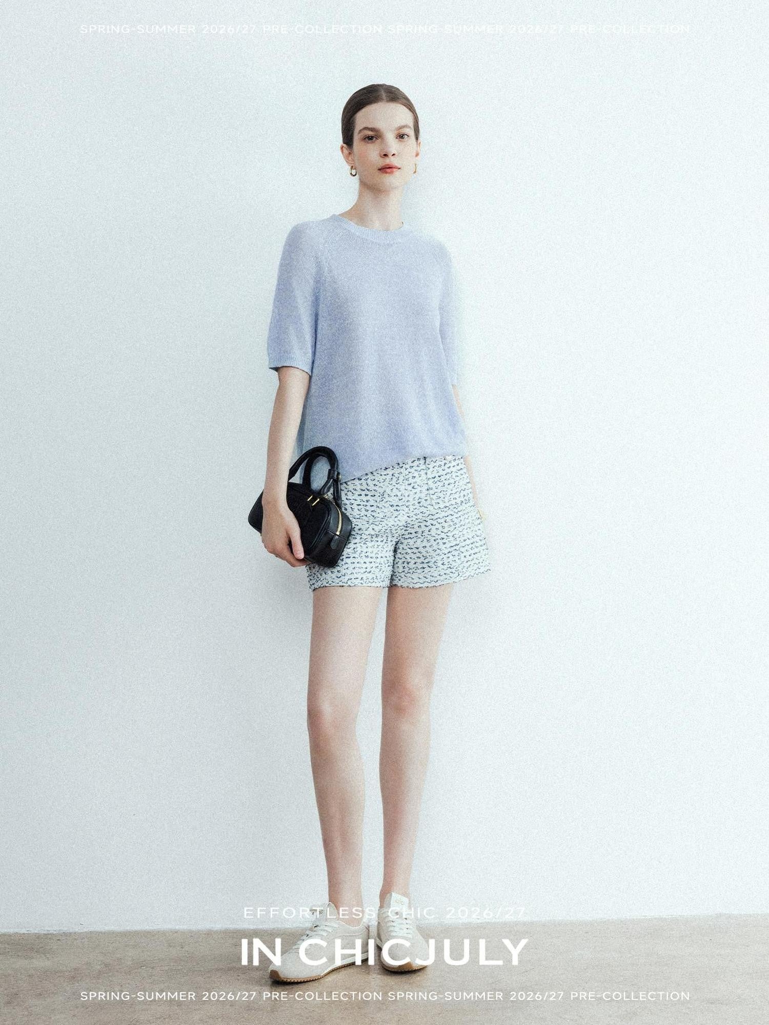 chicjuly Misty Blue Cooling Round Neck Women's Linen Knit Short Sleeve T-shirts