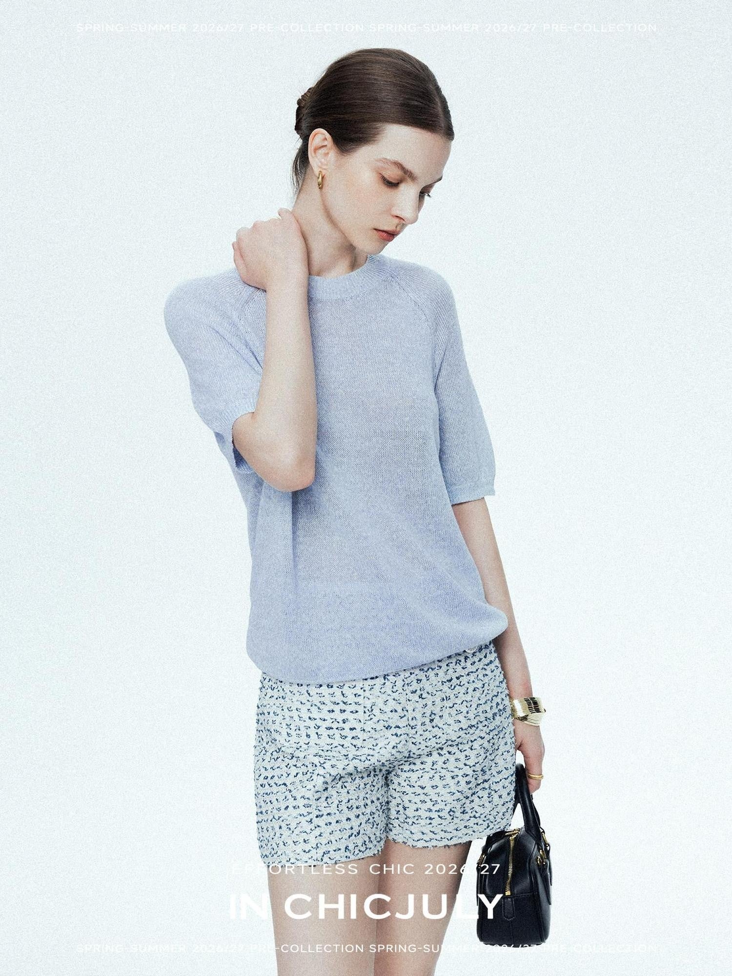 chicjuly Misty Blue Cooling Round Neck Women's Linen Knit Short Sleeve T-shirts