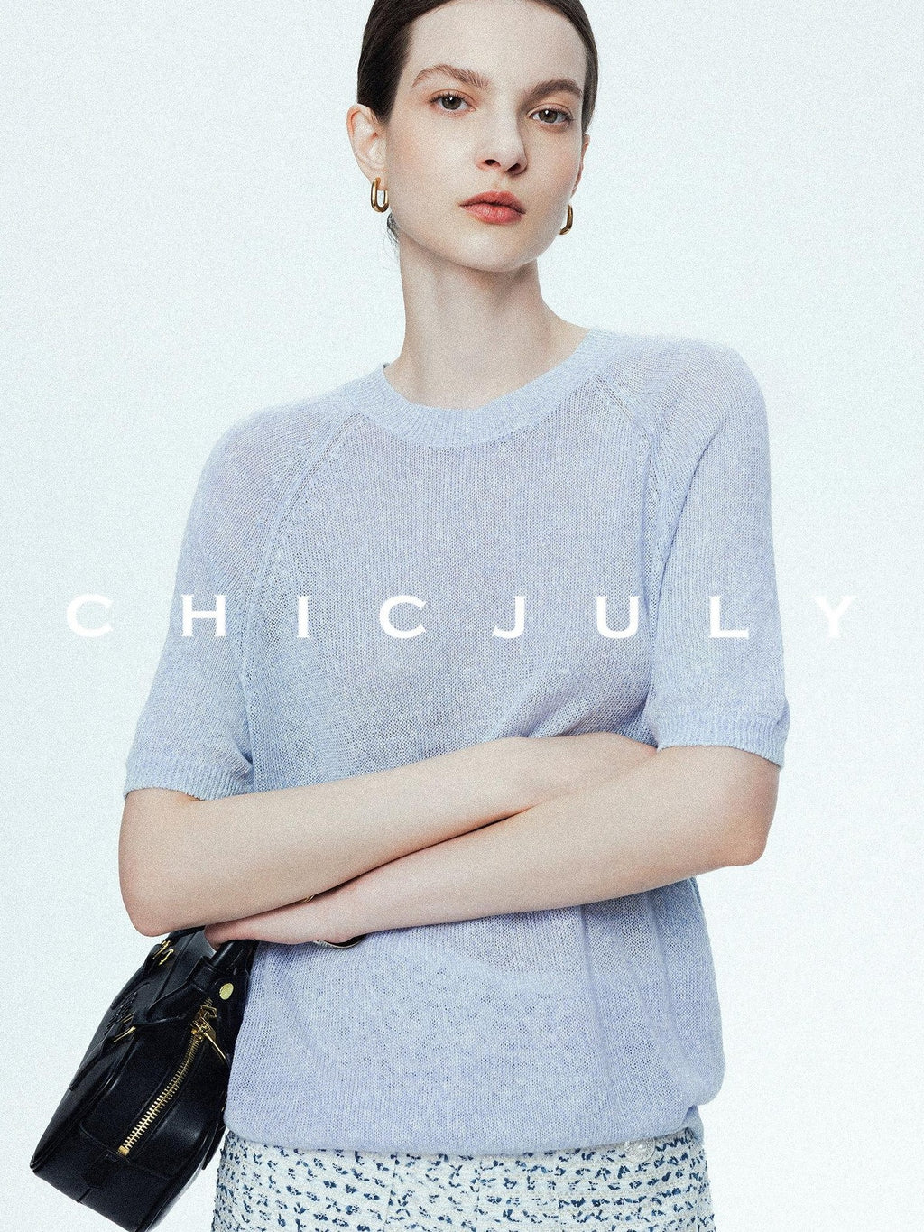 chicjuly Misty Blue Cooling Round Neck Women's Linen Knit Short Sleeve T-shirts