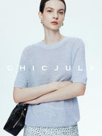 chicjuly Misty Blue Cooling Round Neck Women's Linen Knit Short Sleeve T-shirts
