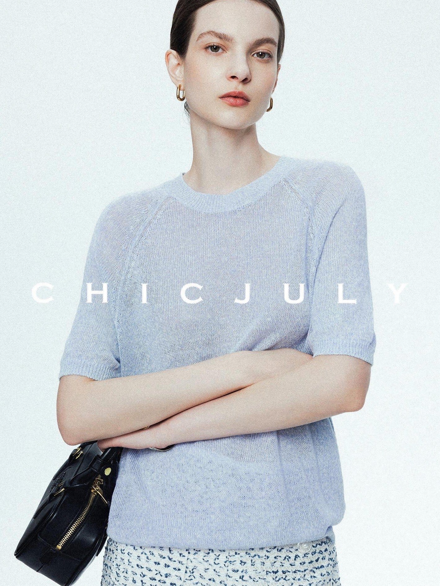 chicjuly Misty Blue Cooling Round Neck Women's Linen Knit Short Sleeve T-shirts