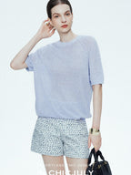 chicjuly Misty Blue Cooling Round Neck Women's Linen Knit Short Sleeve T-shirts