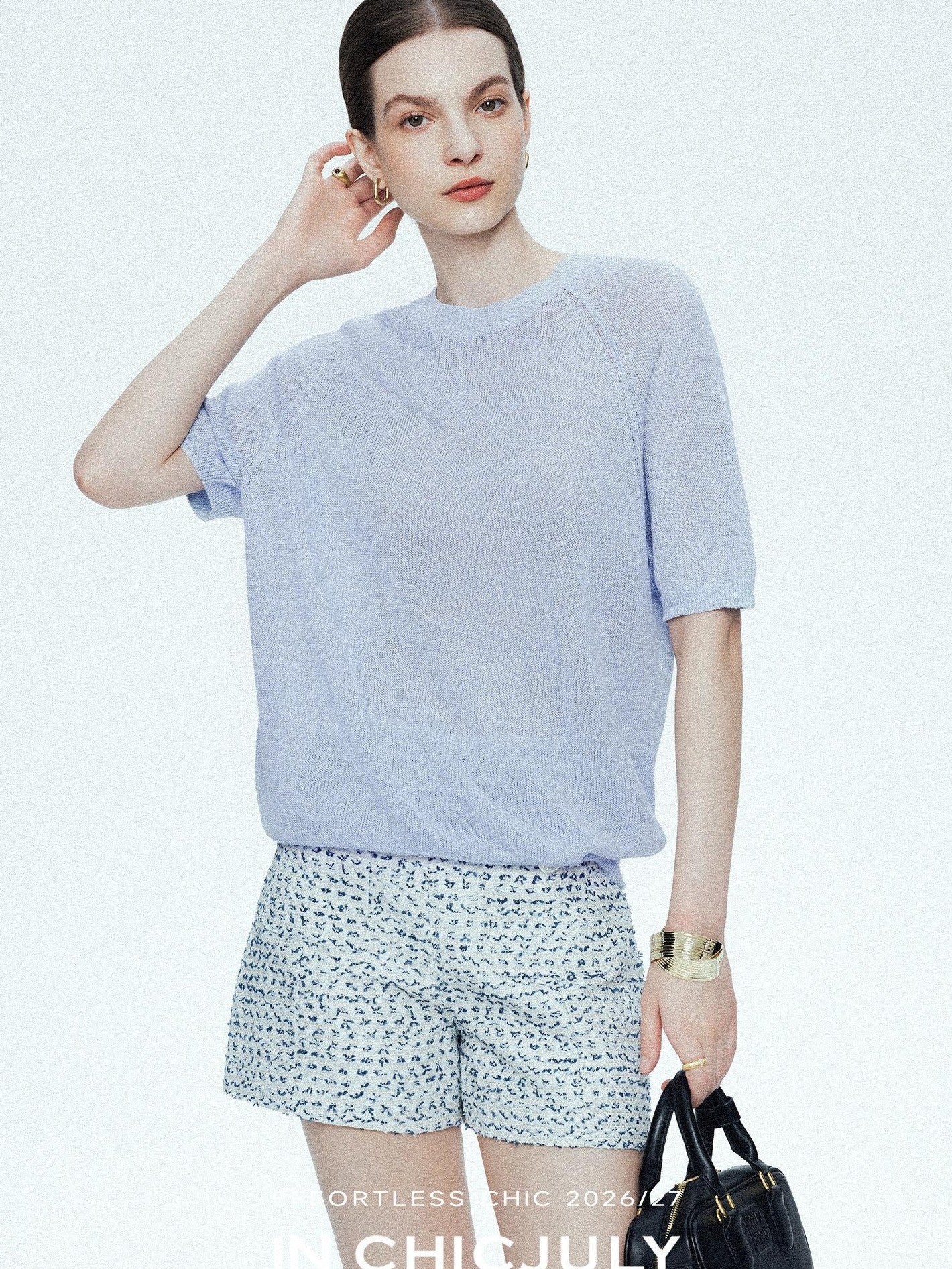 chicjuly Misty Blue Cooling Round Neck Women's Linen Knit Short Sleeve T-shirts