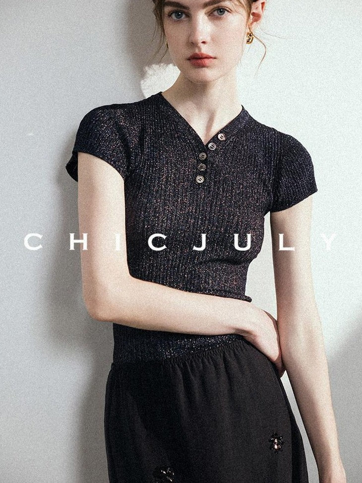 chicjuly Misty Star Iridescent Knit Two Piece Women's Breathable Short Sleeve T-shirts