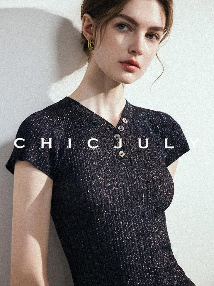 chicjuly Misty Star Iridescent Knit Two Piece Women's Breathable Short Sleeve T-shirts