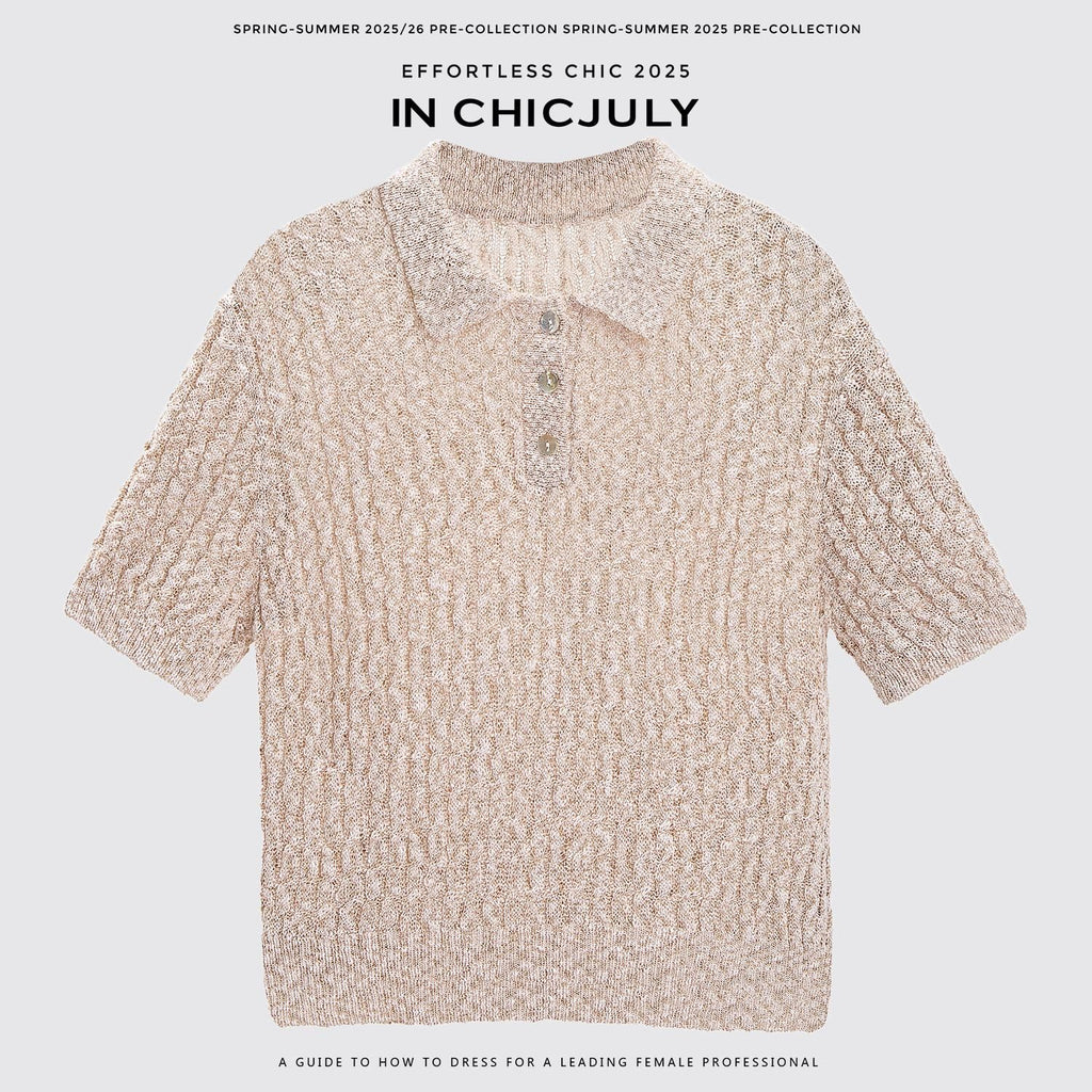 chicjuly Morocco Brown Mixed Yarn Polo Collar Women's Lyocell Short Sleeve T-shirts 936106342860